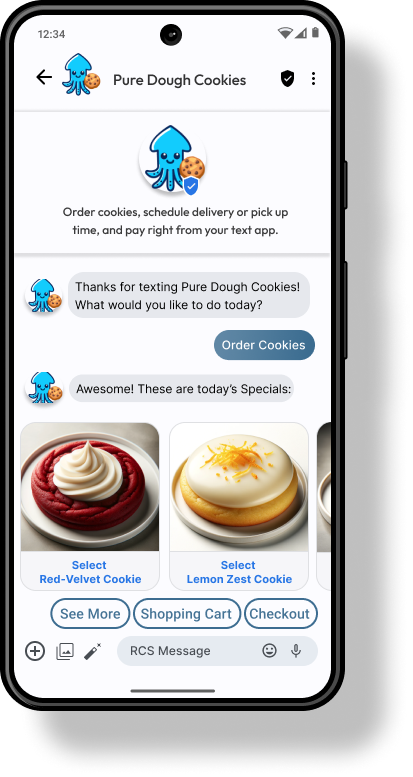 Mobile phone showing chat interface with Pure Dough Cookies chatbot interaction. The interface displays a welcome message, special deal offers with images of cookies, and chat options for order, see more, shopping cart, and checkout.